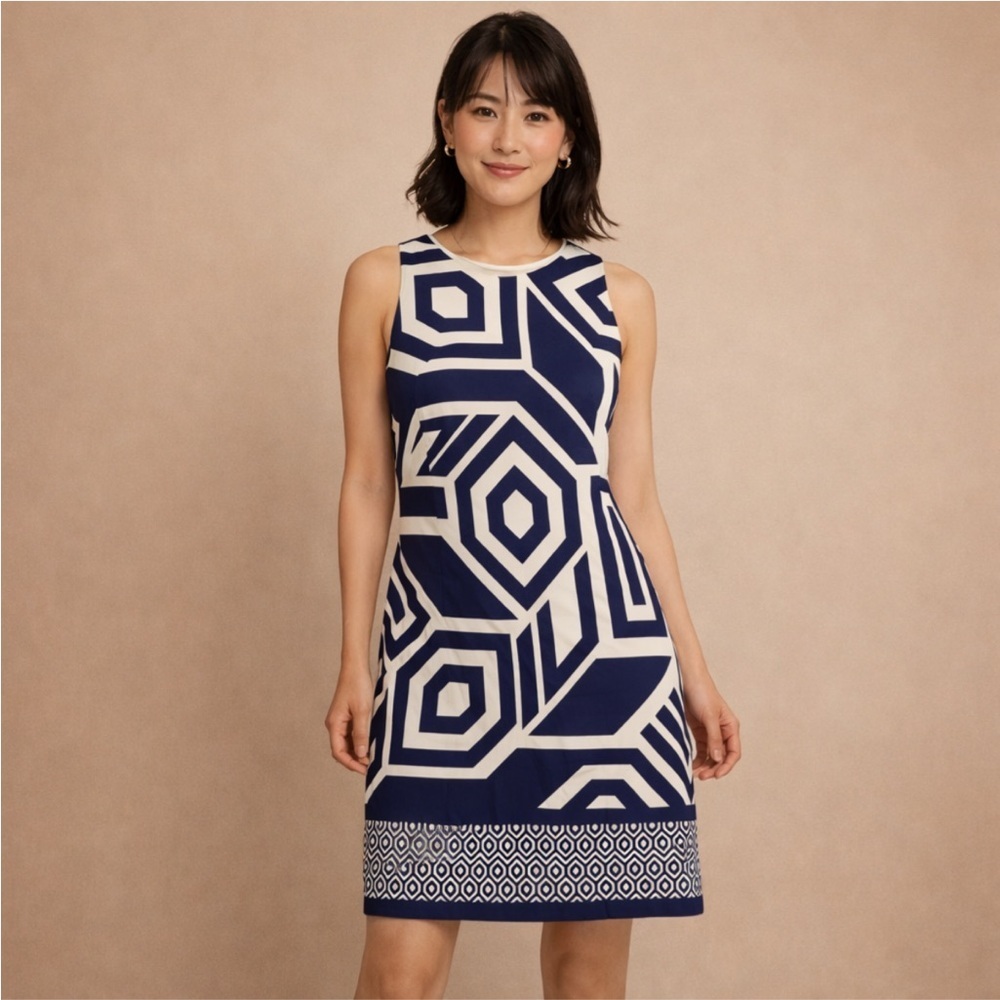 Maggy London Blue White Geometric Sheath Dress Size L Classic